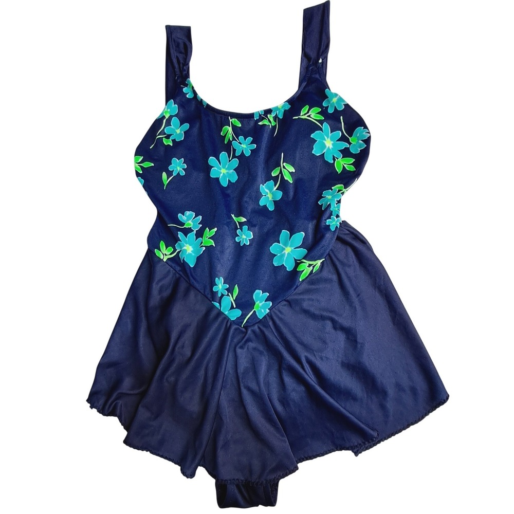 Floral Skirted Swimsuit Women Size 18 Navy Blue One‎ Piece